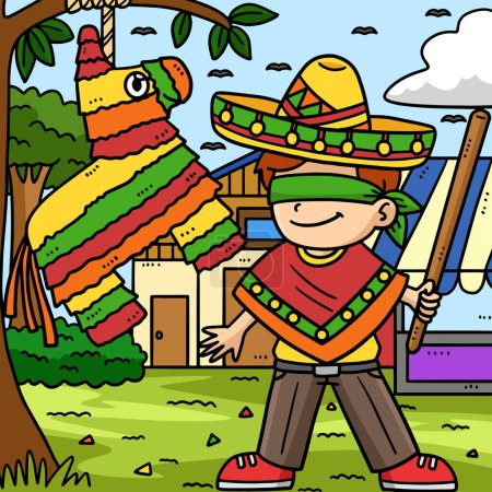 Téléchargez les illustrations : Ce clipart de bande dessinée montre une illustration Cinco de Mayo Boy et Pinata. - en licence libre de droit