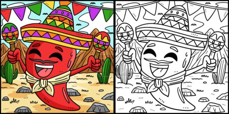 Téléchargez les illustrations : Cette page à colorier montre un Cinco de Mayo Jalapeno Sombrero Maracas. Un côté de cette illustration est coloré et sert d'inspiration pour les enfants. - en licence libre de droit