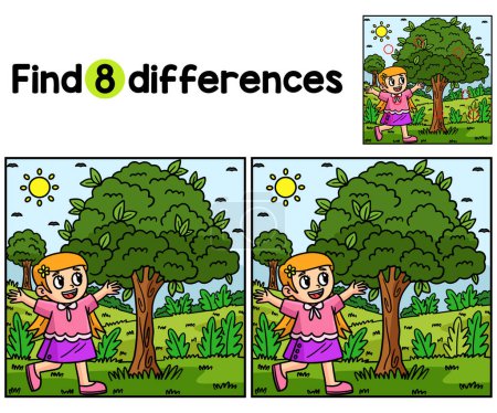 Find or spot the differences on this Earth Day Happy Girl in a Tree kids activity page. A funny and educational puzzle-matching game for children. 