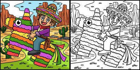 Téléchargez les illustrations : Cette page à colorier montre un Cinco de Mayo Child Riding Pinata. Un côté de cette illustration est coloré et sert d'inspiration pour les enfants. - en licence libre de droit