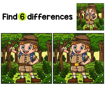 Illustration for Find or spot the differences on this Earth Day Boy in Forest kids activity page. A funny and educational puzzle-matching game for children. - Royalty Free Image