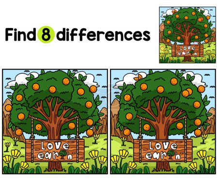 Illustration for Find or spot the differences on this Earth Day Love Earth kids activity page. A funny and educational puzzle-matching game for children. - Royalty Free Image