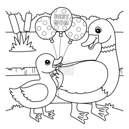 Illustration for A cute and funny coloring page of a Happy Mothers Day Duck. Provides hours of coloring fun for children. Color, this page is very easy. Suitable for little kids and toddlers. - Royalty Free Image