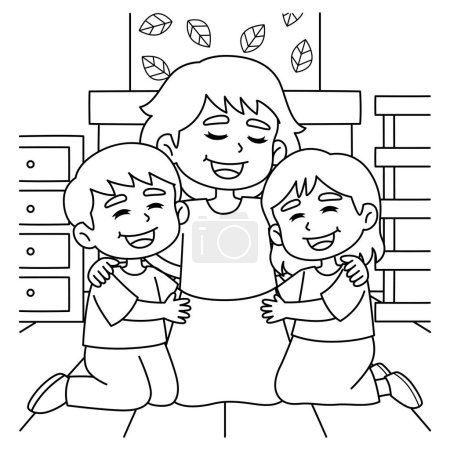 Illustration for A cute and funny coloring page of a Mother Hugging the Children. Provides hours of coloring fun for children. Color, this page is very easy. Suitable for little kids and toddlers. - Royalty Free Image