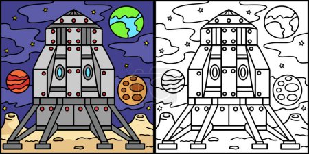 Ilustración de Esta página para colorear muestra un Lander Lunar en la Luna. Un lado de esta ilustración es de color y sirve como inspiración para los niños. - Imagen libre de derechos