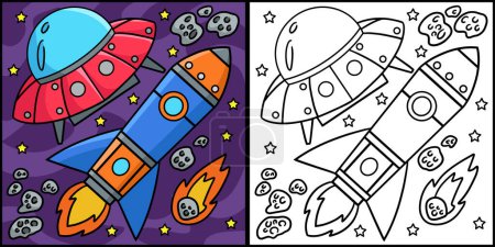 Diese Malseite zeigt ein UFO und ein Raketenschiff im Weltraum. Eine Seite dieser Illustration ist farbig und dient Kindern als Inspiration.