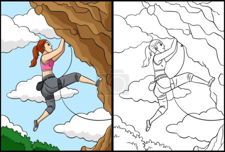 Foto de Esta página para colorear muestra escalador de roca. Un lado de esta ilustración es de color y sirve como inspiración para los niños. - Imagen libre de derechos