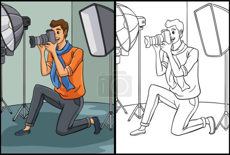 Illustration for This coloring page shows a Photographer. One side of this illustration is colored and serves as an inspiration for children. - Royalty Free Image