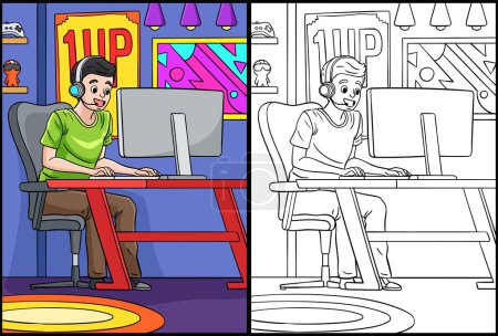 This coloring page shows a Gamer. One side of this illustration is colored and serves as an inspiration for children.