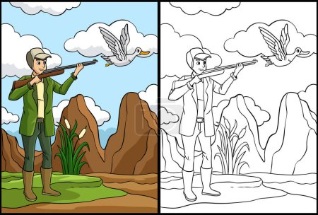 Esta página para colorear muestra Duck Hunter. Un lado de esta ilustración es de color y sirve como inspiración para los niños.