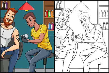Illustration for This coloring page shows a Tattoo Artist. One side of this illustration is colored and serves as an inspiration for children. - Royalty Free Image