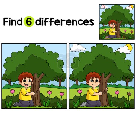 Illustration for Find or spot the differences on this Boy Hugging Tree kids activity page. A funny and educational puzzle-matching game for children. - Royalty Free Image