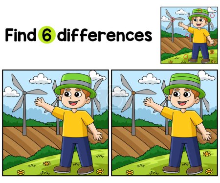 Illustration for Find or spot the differences on this Boy Showing Windmill kids activity page. A funny and educational puzzle-matching game for children. - Royalty Free Image