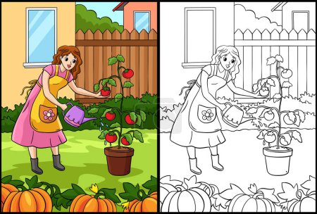Illustration for This coloring page shows a Gardener. One side of this illustration is colored and serves as an inspiration for children. - Royalty Free Image