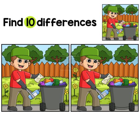 Illustration for Find or spot the differences on this Boy Picking Up Litter kids activity page. A funny and educational puzzle-matching game for children. - Royalty Free Image