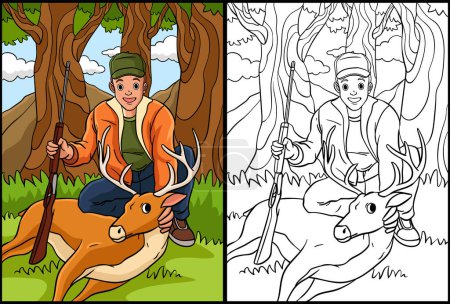 Illustration for This coloring page shows Deer Hunting. One side of this illustration is colored and serves as an inspiration for children. - Royalty Free Image