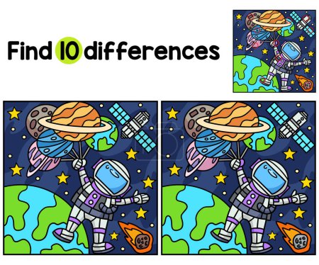 Illustration for Find or spot the differences on this Astronaut with Balloon Planet kids activity page. A funny and educational puzzle-matching game for children. - Royalty Free Image