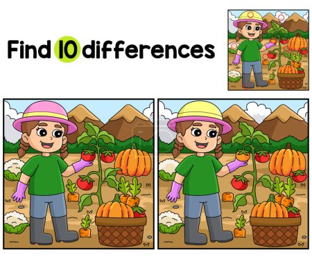 Illustration for Find or spot the differences on this Girl Planting Vegetables kids activity page. A funny and educational puzzle-matching game for children. - Royalty Free Image