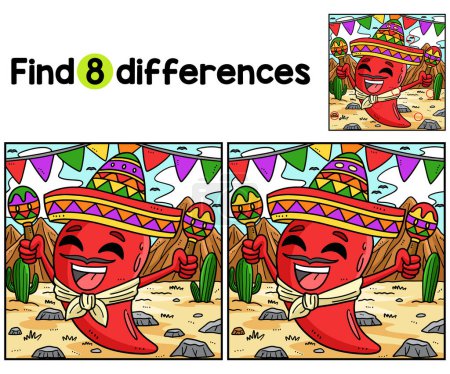 Téléchargez les illustrations : Trouvez ou repérez les différences sur cette page d'activité pour enfants Jalapeno avec Sombrero et Maracas. Un jeu de puzzle amusant et éducatif pour les enfants. - en licence libre de droit