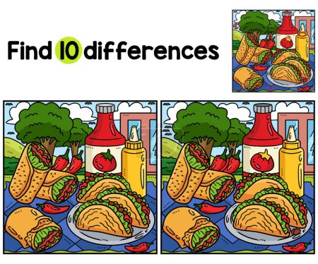 Téléchargez les illustrations : Trouvez ou repérez les différences sur cette page d'activité pour enfants Tacos, Burrito. Un jeu de puzzle amusant et éducatif pour les enfants. - en licence libre de droit