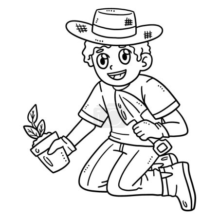 Illustration for A cute and funny coloring page of a Gardener Planting Seedlings. Provides hours of coloring fun for children. Color, this page is very easy. Suitable for little kids and toddlers. - Royalty Free Image