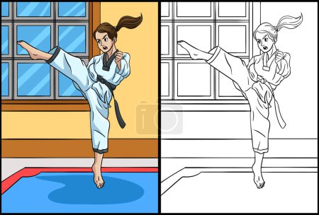 Ilustración de Esta página para colorear muestra Taekwondo. Un lado de esta ilustración es de color y sirve como inspiración para los niños. - Imagen libre de derechos