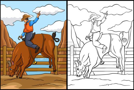 Ilustración de Esta página para colorear muestra Bull Riding. Un lado de esta ilustración es de color y sirve como inspiración para los niños. - Imagen libre de derechos
