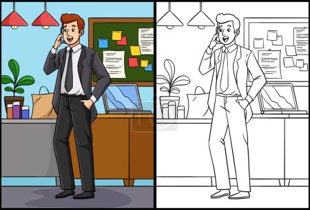 Illustration for This coloring page shows an Entrepreneur. One side of this illustration is colored and serves as an inspiration for children. - Royalty Free Image