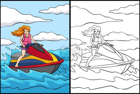 Diese Malseite zeigt einen Jet-Ski. Eine Seite dieser Illustration ist farbig und dient Kindern als Inspiration. 