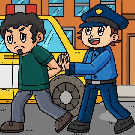 Illustration for This cartoon clipart shows a Police Escorting Criminal into a Car illustration. - Royalty Free Image