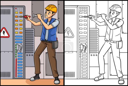 Illustration for This coloring page shows an Electrician. One side of this illustration is colored and serves as an inspiration for children. - Royalty Free Image