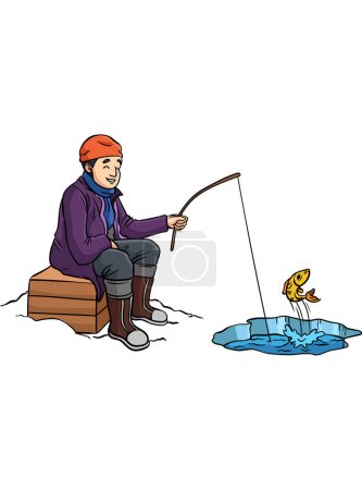 Téléchargez les illustrations : Ce clipart de dessin animé montre une illustration de pêche sur glace. - en licence libre de droit