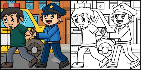 Illustration for This coloring page shows a Police Escorting Criminal into Car. One side of this illustration is colored and serves as an inspiration for children - Royalty Free Image