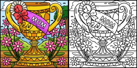 Illustration for This coloring page shows a Mom Trophy. One side of this illustration is colored and serves as an inspiration for children. - Royalty Free Image