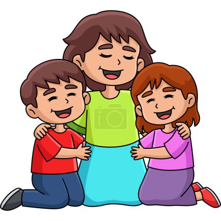Illustration for This cartoon clipart shows a Mothers Day Mother Hugging Children illustration. - Royalty Free Image
