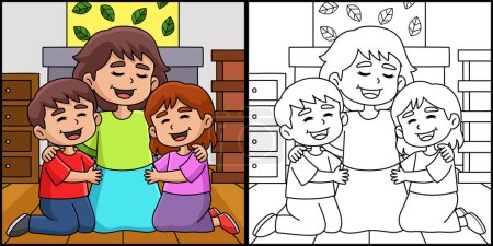 Illustration for This coloring page shows a Mother Hugging the Children. One side of this illustration is colored and serves as an inspiration for children. - Royalty Free Image