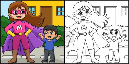 Illustration for This coloring page shows a Supermom. One side of this illustration is colored and serves as an inspiration for children. - Royalty Free Image