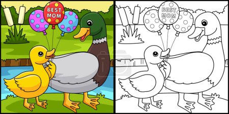 Illustration for This coloring page shows a Mothers Day Duck. One side of this illustration is colored and serves as an inspiration for children. - Royalty Free Image