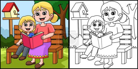 Illustration for This coloring page shows a Mother and Child Reading Book. One side of this illustration is colored and serves as an inspiration for children. - Royalty Free Image