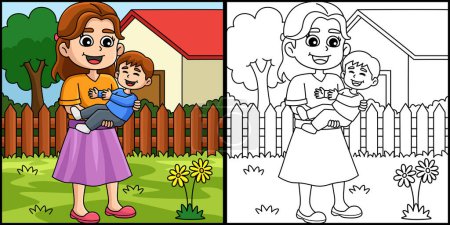 Illustration for This coloring page shows a Mother Holding a Child. One side of this illustration is colored and serves as an inspiration for children. - Royalty Free Image