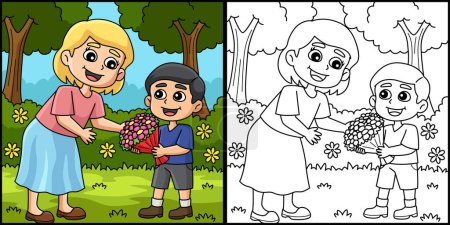 Illustration for This coloring page shows a Mothers Day Child Giving Flowers. One side of this illustration is colored and serves as an inspiration for children. - Royalty Free Image