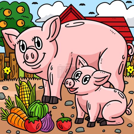 Illustration for This cartoon clipart shows a Mother Pig and Piglet illustration. - Royalty Free Image