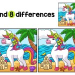 Find or spot the differences between this unicorn on the Beach Kids activity page. A funny and educational puzzle-matching game for children.