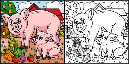Illustration for This coloring page shows a Mother Pig and Piglet. One side of this illustration is colored and serves as an inspiration for children. - Royalty Free Image