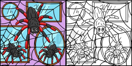 Illustration for This coloring page shows a Mother Spider and Baby Spider. One side of this illustration is colored and serves as an inspiration for children. - Royalty Free Image