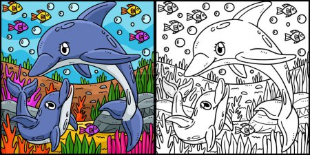 Diese Malseite zeigt eine Delfinmutter und ein Delfinbaby. Eine Seite dieser Illustration ist farbig und dient Kindern als Inspiration.