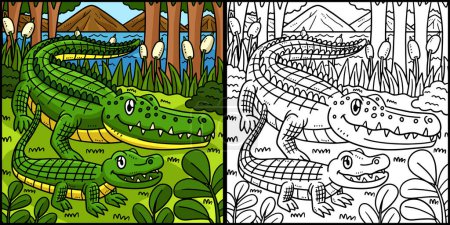 Illustration for This coloring page shows a Mother Crocodile and Hatchling. One side of this illustration is colored and serves as an inspiration for children. - Royalty Free Image