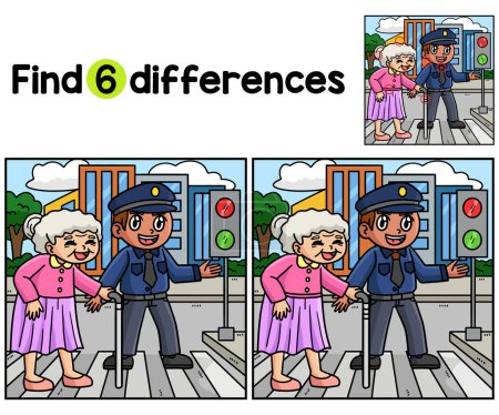 Finden oder finden Sie die Unterschiede auf dieser Aktivitätsseite für Polizisten mit Kindern alter Frau. Ein lustiges und lehrreiches Puzzlespiel für Kinder.