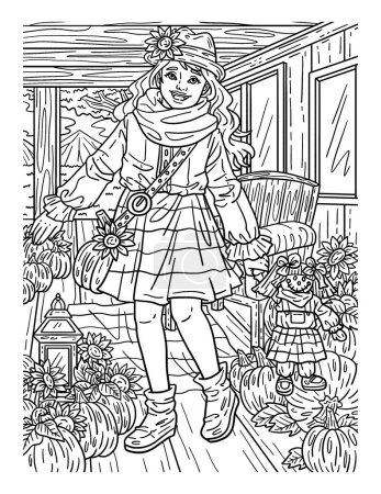 A cute and beautiful coloring page of a Thanksgiving Girl with a Scarecrow Plushie. Provides hours of coloring fun for adults.