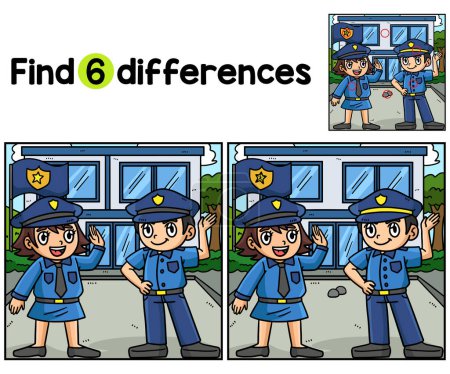 Finden oder finden Sie die Unterschiede auf dieser Police Officer Kids Aktivitätsseite. Ein lustiges und lehrreiches Puzzlespiel für Kinder.